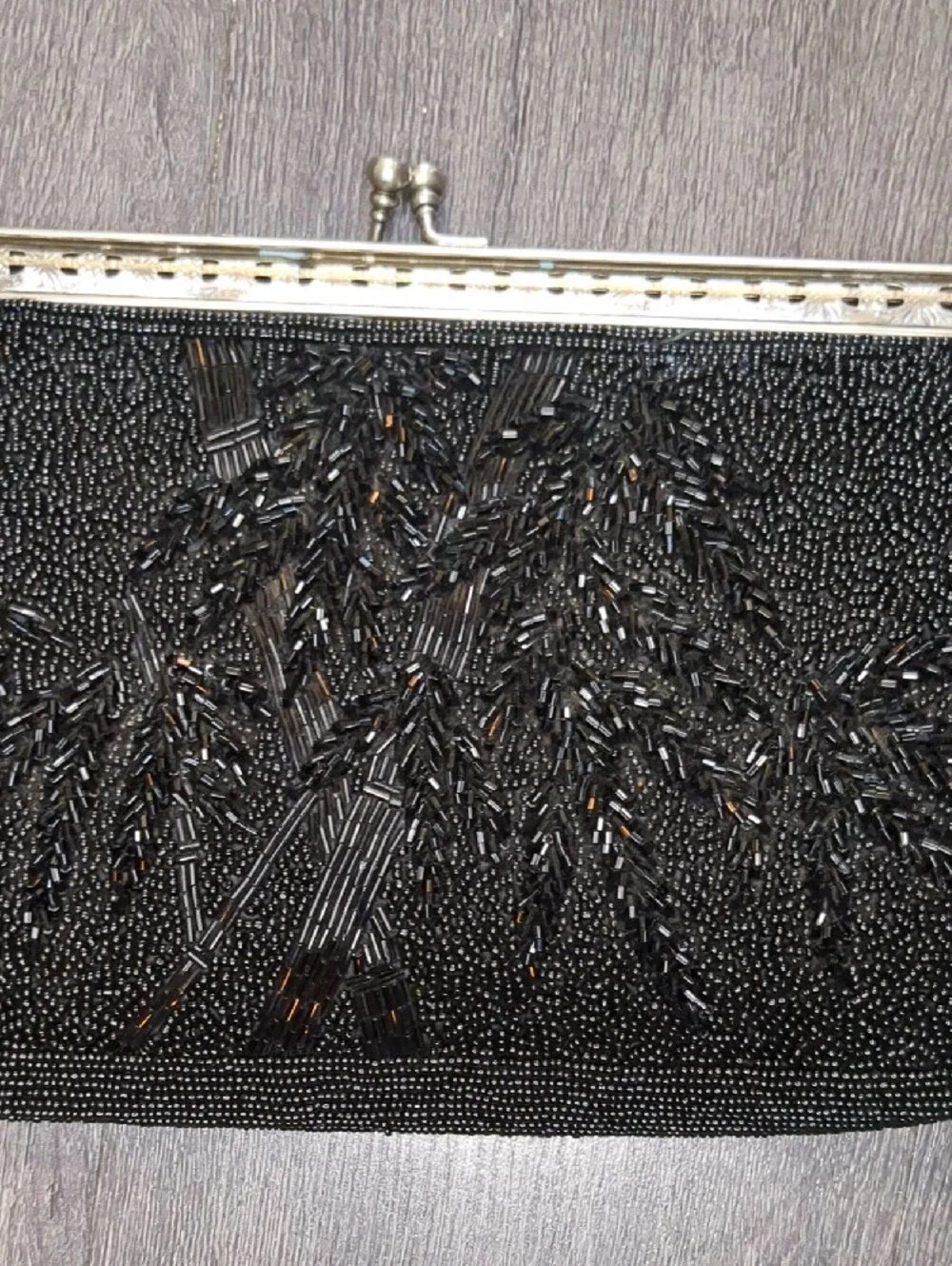 Vintage 50s Hand Beaded Black Evening Bag Clutch Silver Frame Purse Mid Century